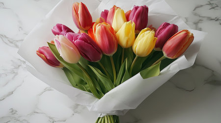 A bouquet of multi-colored tulips, wrapped in soft tissue paper, resting on a white marble countertop.の素材