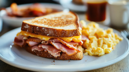 A breakfast spread featuring a toasted ham and cheese sandwich with scrambled eggs and a side of bacon.の素材