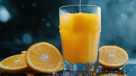 A chilled glass of freshly squeezed orange juice with condensation on the outside, next to sliced oranges.の素材