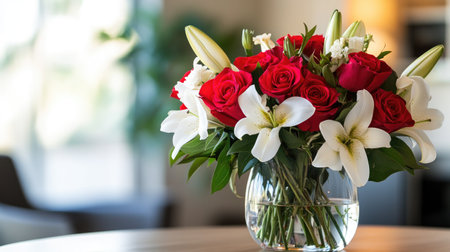 A beautiful bouquet of bright red roses and white lilies, arranged in a simple glass vase on a modern table.の素材