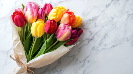 A bouquet of multi-colored tulips, wrapped in soft tissue paper, resting on a white marble countertop.の素材