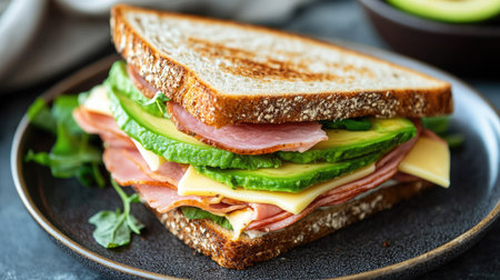 A beautifully plated sandwich made with ham, cheese, and fresh avocado slices.の素材