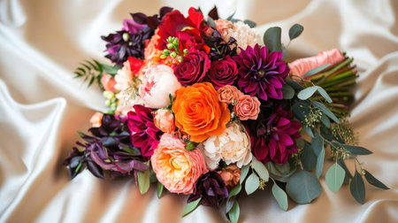 A bridal bouquet with a mix of bright red, orange, and pink flowers, complemented by dark green foliage, lying on a satin cloth.の素材
