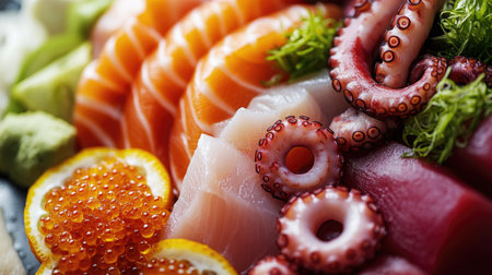 A close-up of a colorful sashimi platter, featuring cuts of salmon, tuna, and octopus, artfully arranged with garnishes.の素材