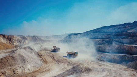 A daytime view of a quarry, with large machinery working on extracting stone, and dust rising into the blue sky.の素材