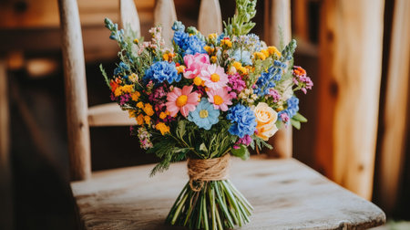 A boho-inspired wildflower bouquet with a mix of blue, pink, and yellow blooms, tied with natural twine, placed on a wooden chair.の素材