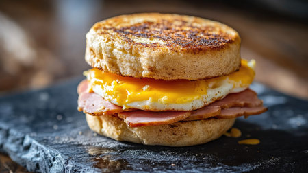 A breakfast sandwich made with ham, egg, and cheese on a toasted English muffin, ready to eat.の素材