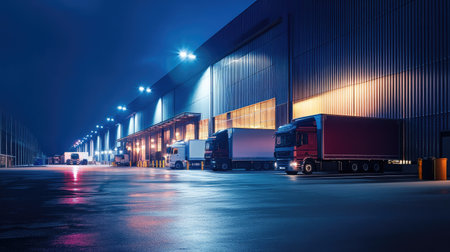A brightly lit industrial warehouse at night, with trucks parked outside and lights reflecting off the metallic building.の素材