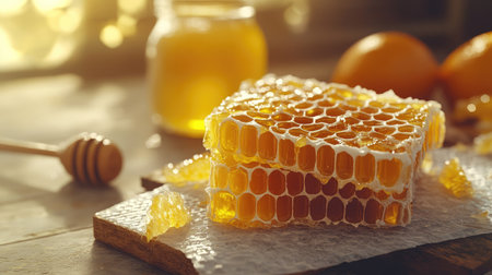A close-up of a honeycomb piece with fresh oranges and a jar of honey in the background, creating a rustic and organic feel.の素材