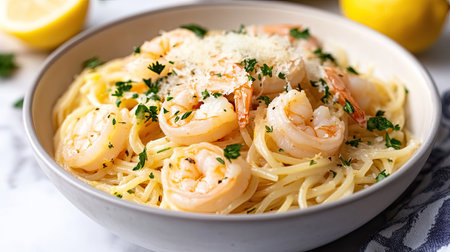 A bowl of shrimp scampi pasta with garlic, parsley, and a light lemon butter sauce, topped with grated parmesan cheese.の素材