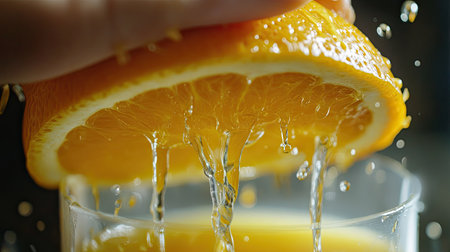 A close-up of a cut orange being squeezed by hand, with fresh juice dripping into a glass below.の素材