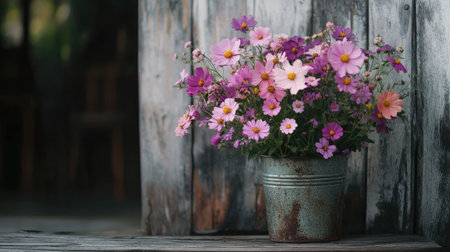 A bouquet of pink and purple wildflowers arranged in a rustic metal bucket, placed on a weathered wooden porch.の素材