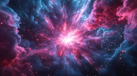 A brilliant firework explosion, with pink and purple hues spreading like a starburst across the dark sky.の素材