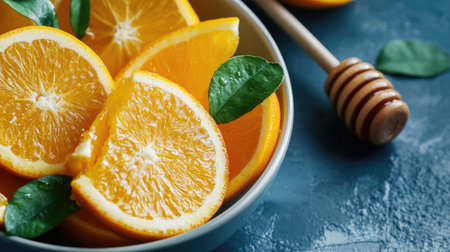 A bowl of fresh orange segments drizzled with organic honey, with a honey dipper resting nearby.の素材