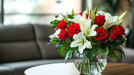 A beautiful bouquet of bright red roses and white lilies, arranged in a simple glass vase on a modern table.の素材