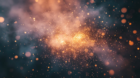 A breathtaking burst of golden fireworks, sparkling brightly against the dark sky, with smoke trails lingering in the air.の素材