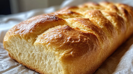 A close-up of a freshly baked loaf of gluten-free bread, with a golden crust and soft, fluffy interior.の素材