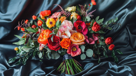 A bridal bouquet with a mix of bright red, orange, and pink flowers, complemented by dark green foliage, lying on a satin cloth.の素材