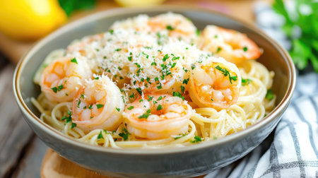 A bowl of shrimp scampi pasta with garlic, parsley, and a light lemon butter sauce, topped with grated parmesan cheese.の素材