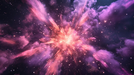 A brilliant firework explosion, with pink and purple hues spreading like a starburst across the dark sky.の素材