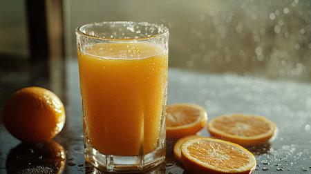 A chilled glass of freshly squeezed orange juice with condensation on the outside, next to sliced oranges.の素材