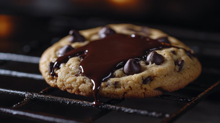 A close-up of a chocolate chip cookie fresh out of the oven, with melted chocolate dripping.の素材