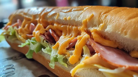 A close-up of a freshly made ham and cheese sub, with lettuce and tomato peeking out from the sides.の素材
