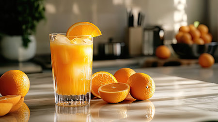 A chilled glass of orange juice with orange slices resting on the rim, surrounded by fresh oranges on a kitchen counter.の素材