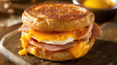 A breakfast sandwich made with ham, egg, and cheese on a toasted English muffin, ready to eat.の素材