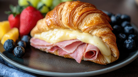 A croissant sandwich filled with ham and melted cheese, served with a side of fresh fruit.の素材