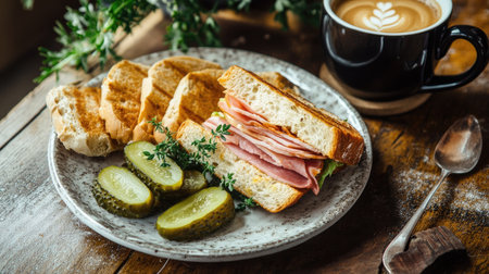 A breakfast table with a plate of ham and cheese sandwiches, garnished with pickles and a cup of coffee.の素材
