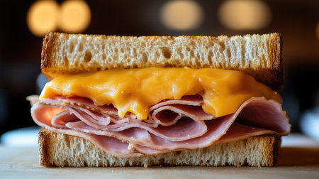 A close-up of a ham and cheese sandwich cut diagonally, revealing its gooey interior.の素材