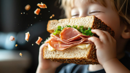 A child taking a big bite out of a classic ham and cheese sandwich, with crumbs falling.の素材