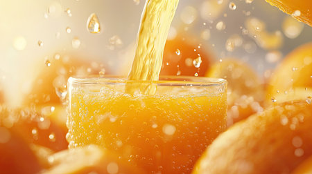 A close-up of a stream of orange juice being poured into a glass, with fresh oranges in the background.の素材