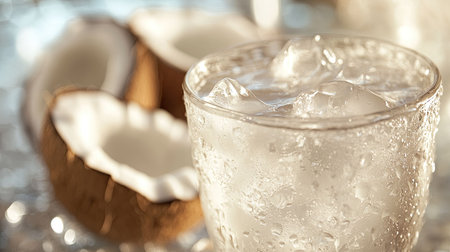 A close-up of a glass of cold coconut juice, condensation forming on the glass, with a split coconut in the background.の素材