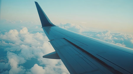 A close-up of a plane's wing from inside the aircraft, with blue sky and clouds visible through the window.の素材