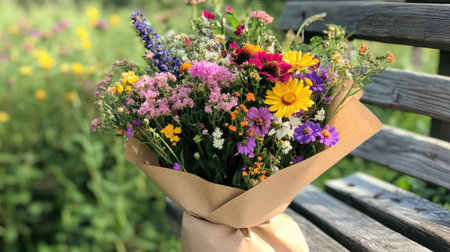 A colorful arrangement of wildflowers, wrapped in kraft paper, placed on a wooden bench outdoors.の素材