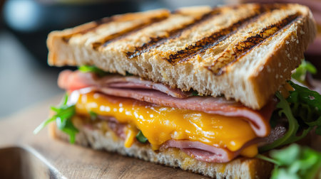 A close-up of a ham and cheese sandwich cut diagonally, revealing its gooey interior.の素材