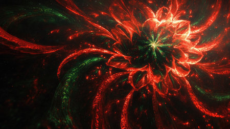 A close-up of a single firework bloom, with intricate red and green trails fanning out into the night sky.の素材