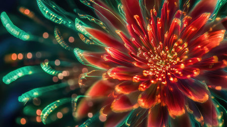 A close-up of a single firework bloom, with intricate red and green trails fanning out into the night sky.の素材
