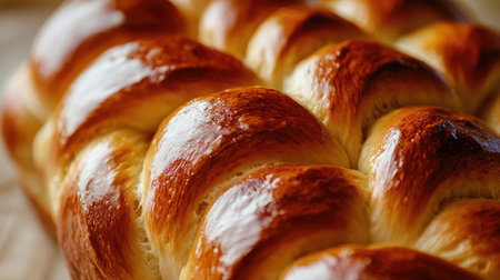 A close-up of a braided loaf of challah bread, with its shiny, golden-brown crust reflecting the light.の素材