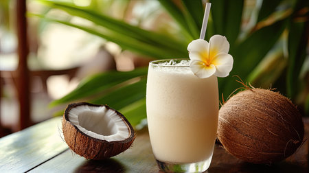 A clear glass of coconut juice with a straw, served with a freshly split coconut and tropical flowers for decoration.の素材