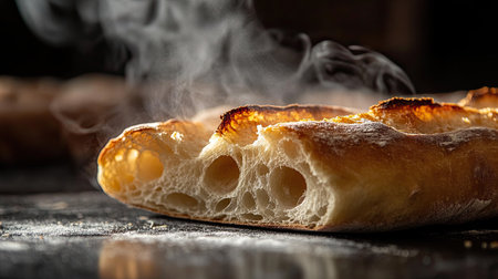 A close-up of a warm, crusty baguette with steam rising as its sliced open, revealing the soft interior.の素材