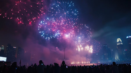 A fireworks show during a national holiday, with red, white, and blue bursts lighting up the sky over a large crowd.の素材
