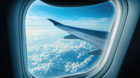 A close-up of a plane's wing from inside the aircraft, with blue sky and clouds visible through the window.の素材