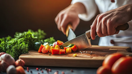 A close-up shot of a chef's hand using a sharp chefs knife to chop fresh vegetables on a wooden cutting board.の素材