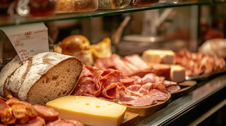 A deli counter showcasing ham, cheese, and fresh bread, with a sandwich being prepared.の素材