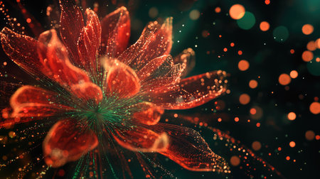 A close-up of a single firework bloom, with intricate red and green trails fanning out into the night sky.の素材