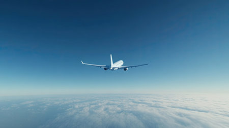 A commercial airplane cruising through the sky, with a clear blue background and minimal clouds in view.の素材
