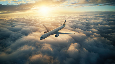 A commercial airplane flying above a dense layer of clouds, with bright sunlight illuminating the scene.の素材